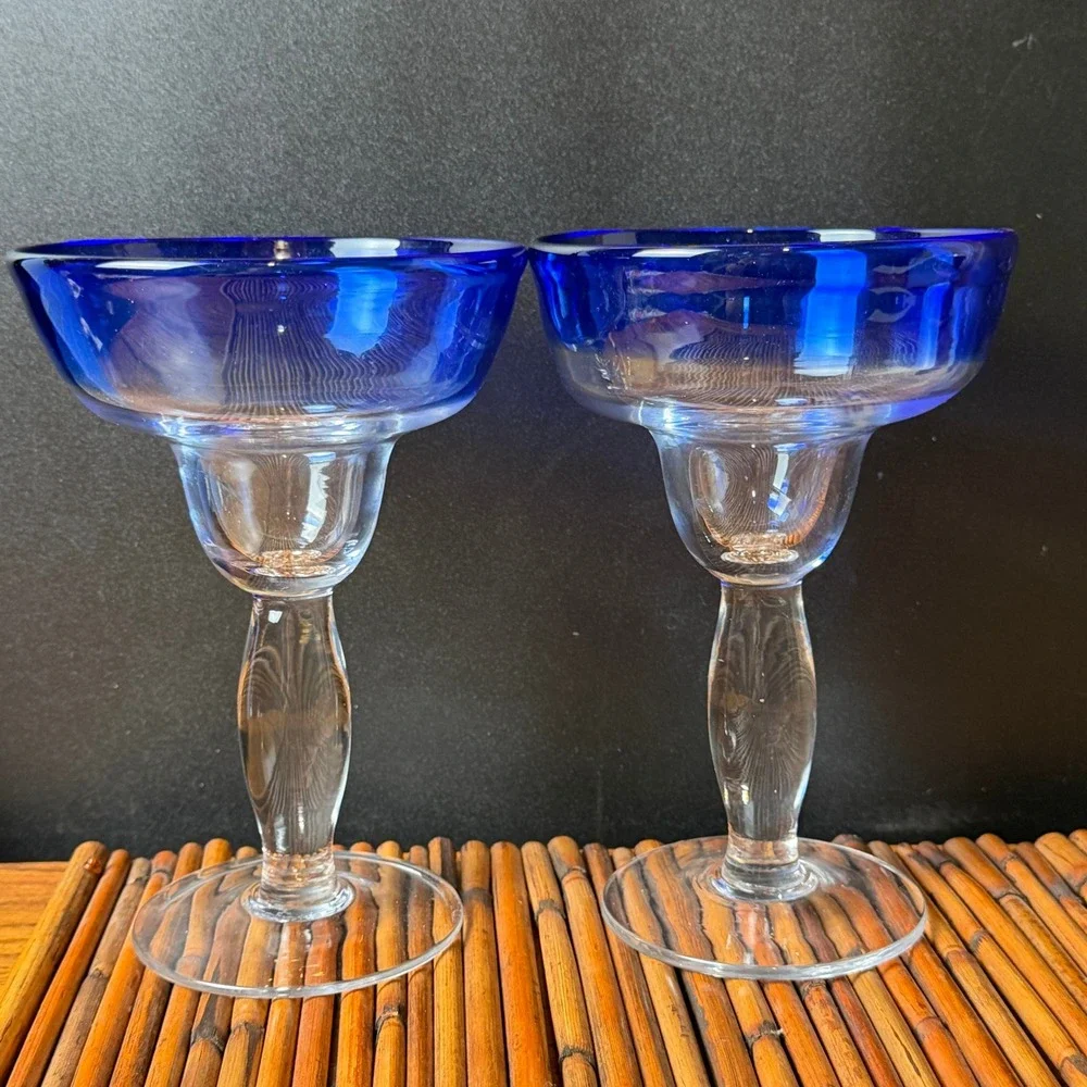 3 qty Mexican Hand Blown Margarita Glasses Cobalt Blue Rim‎ Summer Party taco
